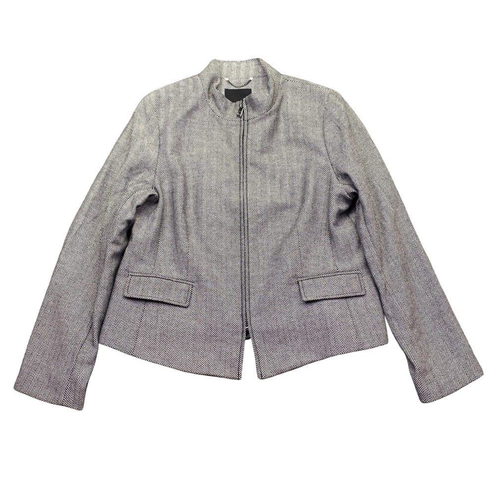 Banana Republic The Neck Jacket Womens Herringbone Wool Blend Zip Up Grey Sz 14